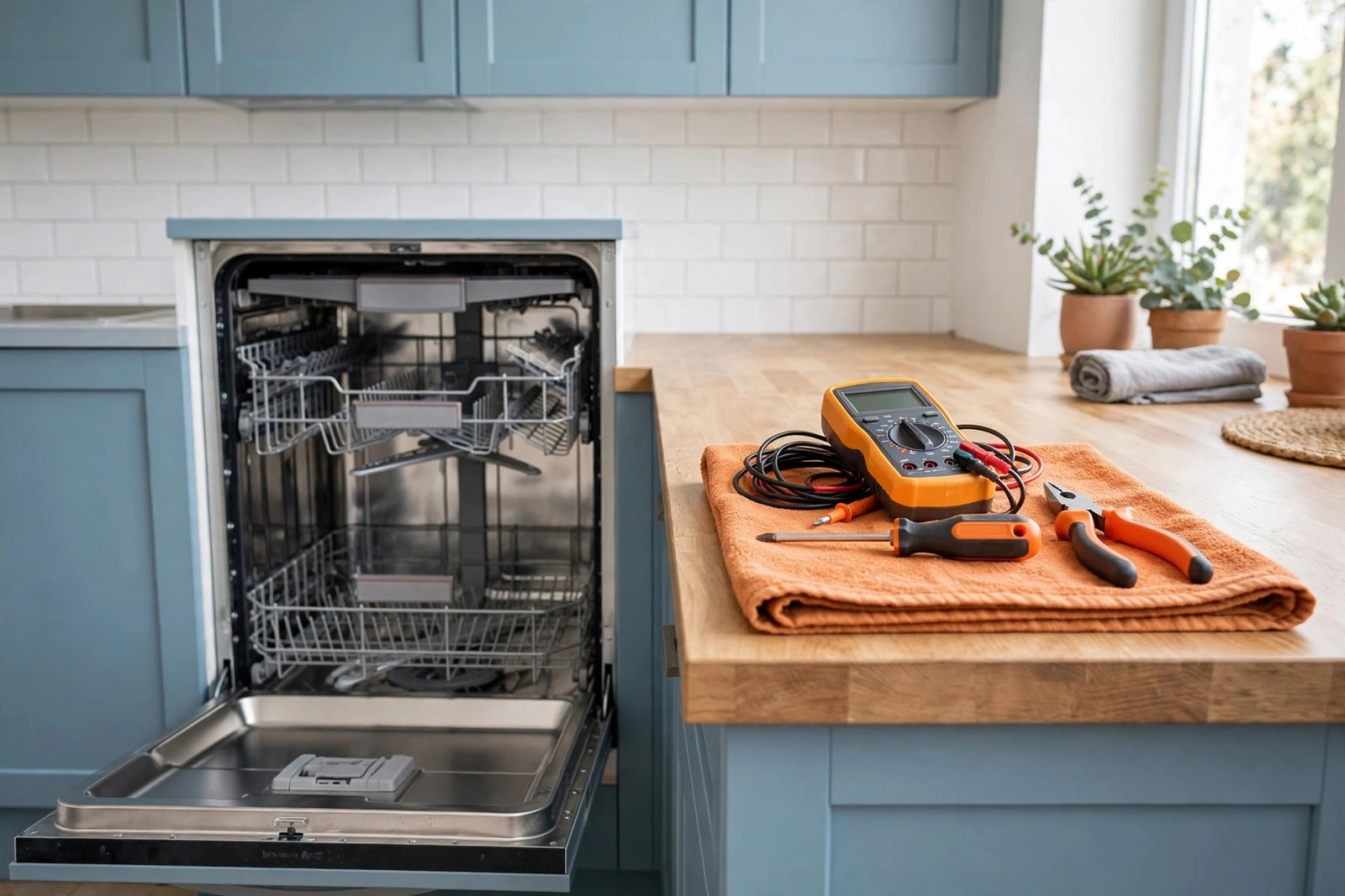 Open dishwasher with repair tools for error code diagnosis