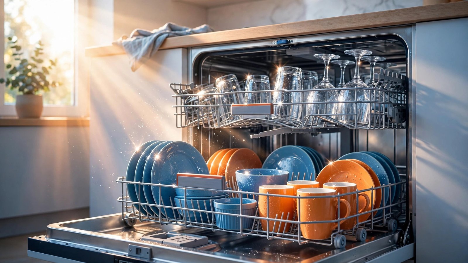 Sparkling clean dishes in an open dishwasher